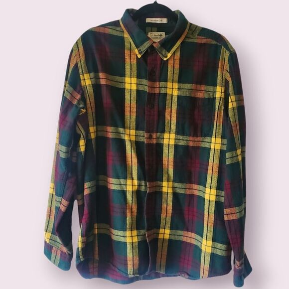 LL Bean Traditional Fit Men's L Yellow/Red/Green Flannel L/S Shirt | EUC - Picture 1 of 4